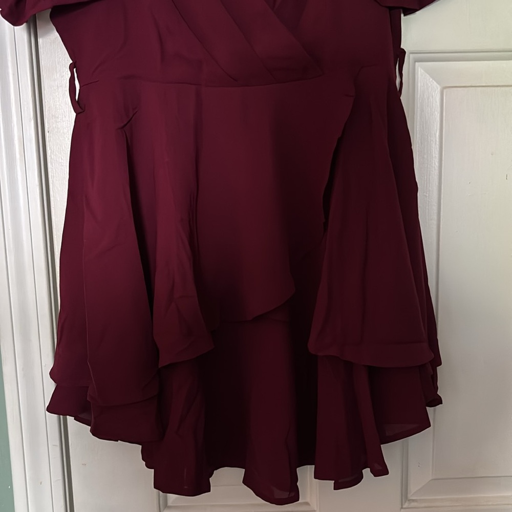 Red Asymmetrical Ruffled Wrap Dress - Picture 3 of 5